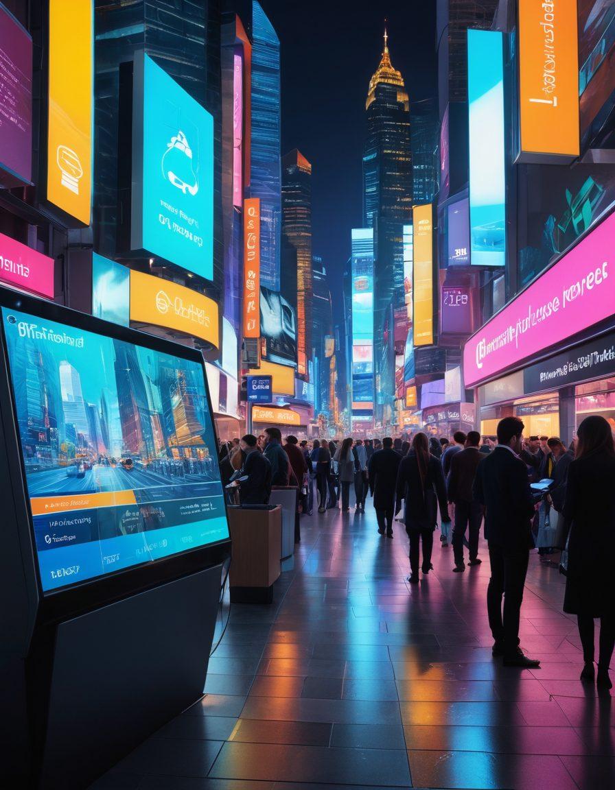 A futuristic cityscape showcasing diverse businesses using innovative payment solutions like contactless transactions and digital wallets. Include diverse professionals interacting with technology, seamless payment processes, and holographic displays. Highlight elements of efficiency and empowerment in the financial sector. vibrant colors. super-realistic. 