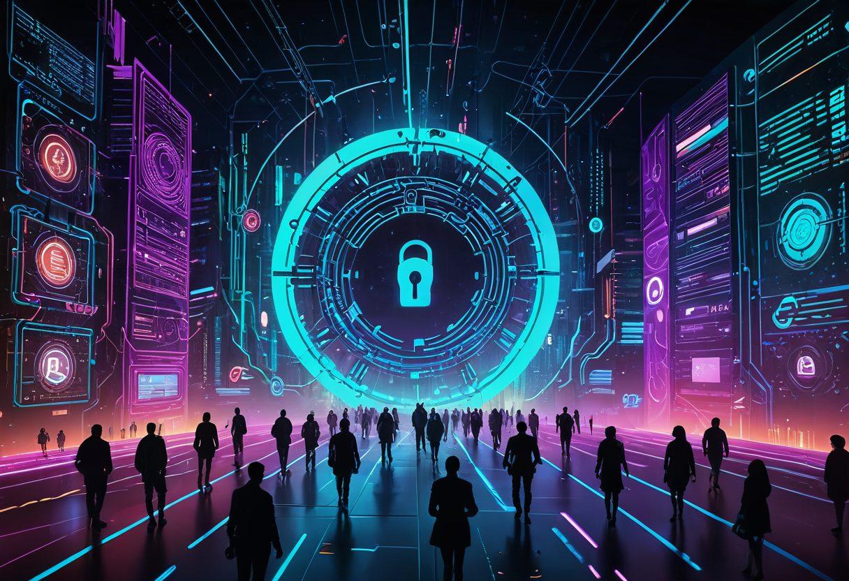 A futuristic digital landscape showcasing secure online transactions, with abstract representations of locks and encryption symbols converging towards ChronoPay's logo. Illustrate a diverse group of satisfied users conducting transactions on sleek devices, surrounded by vibrant data streams and glowing circuitry. The environment should evoke a sense of trust and innovation in finance technology. vibrant colors. cyberpunk style.